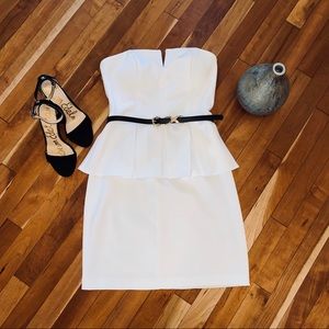 White Strapless Peplum Dress with Belt